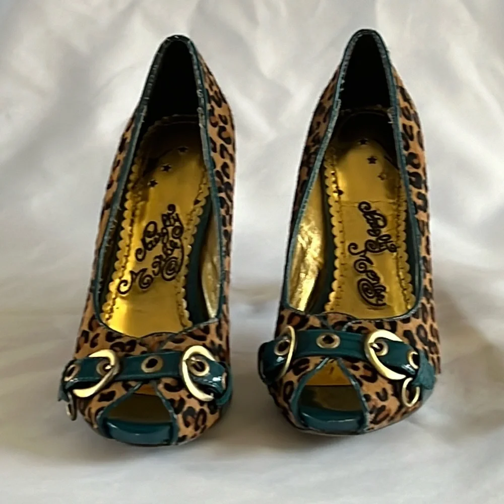 Naughty Monkey Leopard Open Toe Platform Stacked Peep Toe Heels with buckle sz9 - Picture 2 of 7